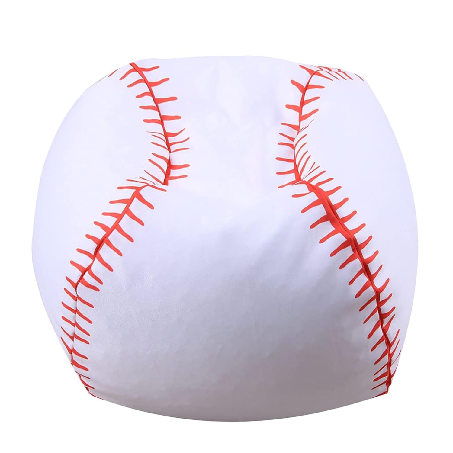 Beanbag chair shaped like a baseball, white with red stitching details