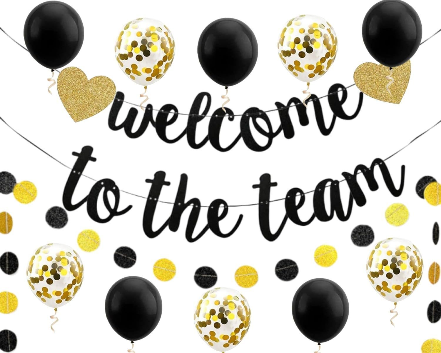 Welcome to the team" banner with balloons, confetti, and gold hearts on white background