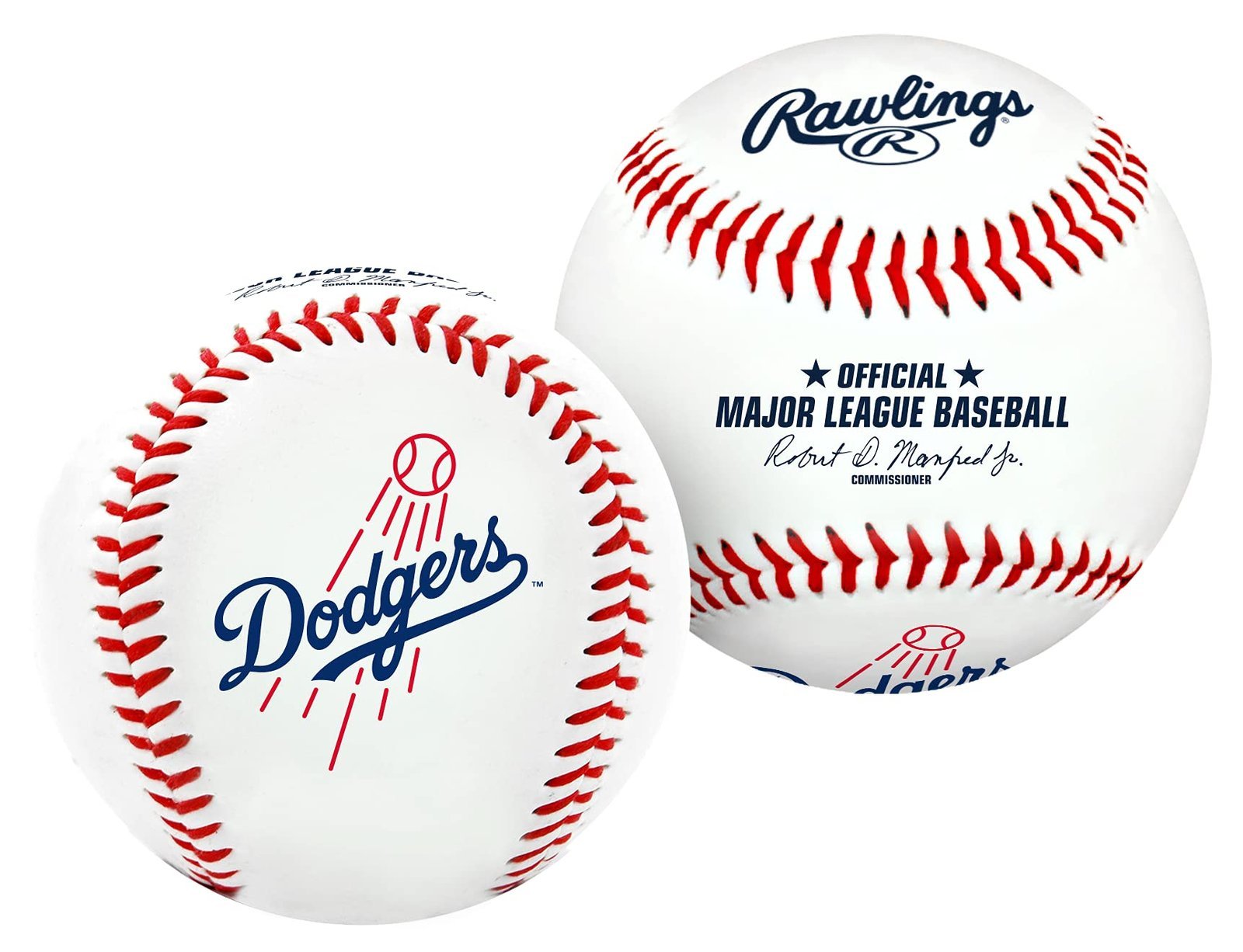 Two official Major League Baseball baseballs, one with Dodgers logo