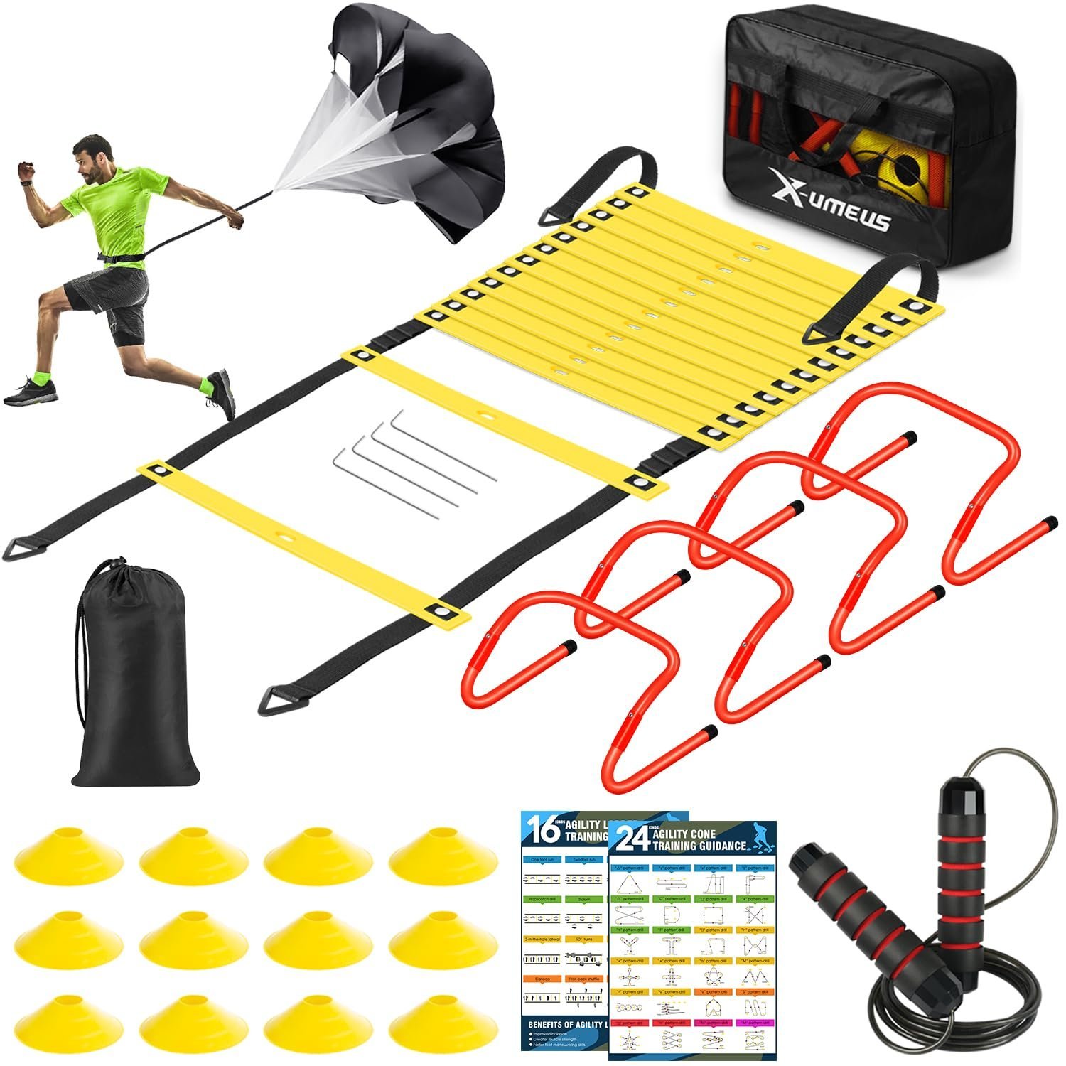 Fitness training equipment set including agility ladder, cones, hurdles, and parachute