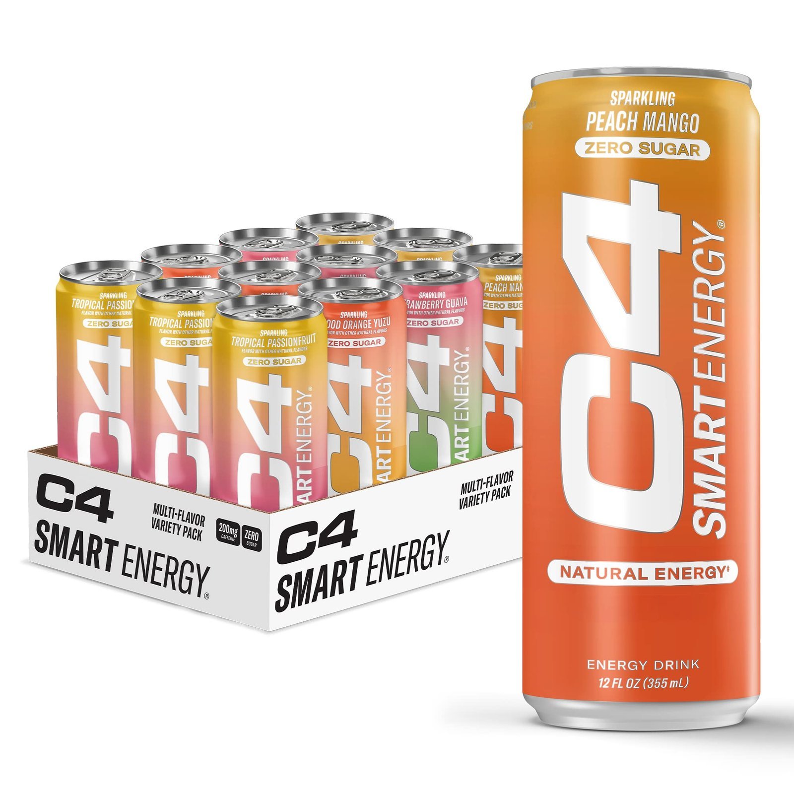 C4 Smart Energy multi-flavor variety pack with peach mango can in front