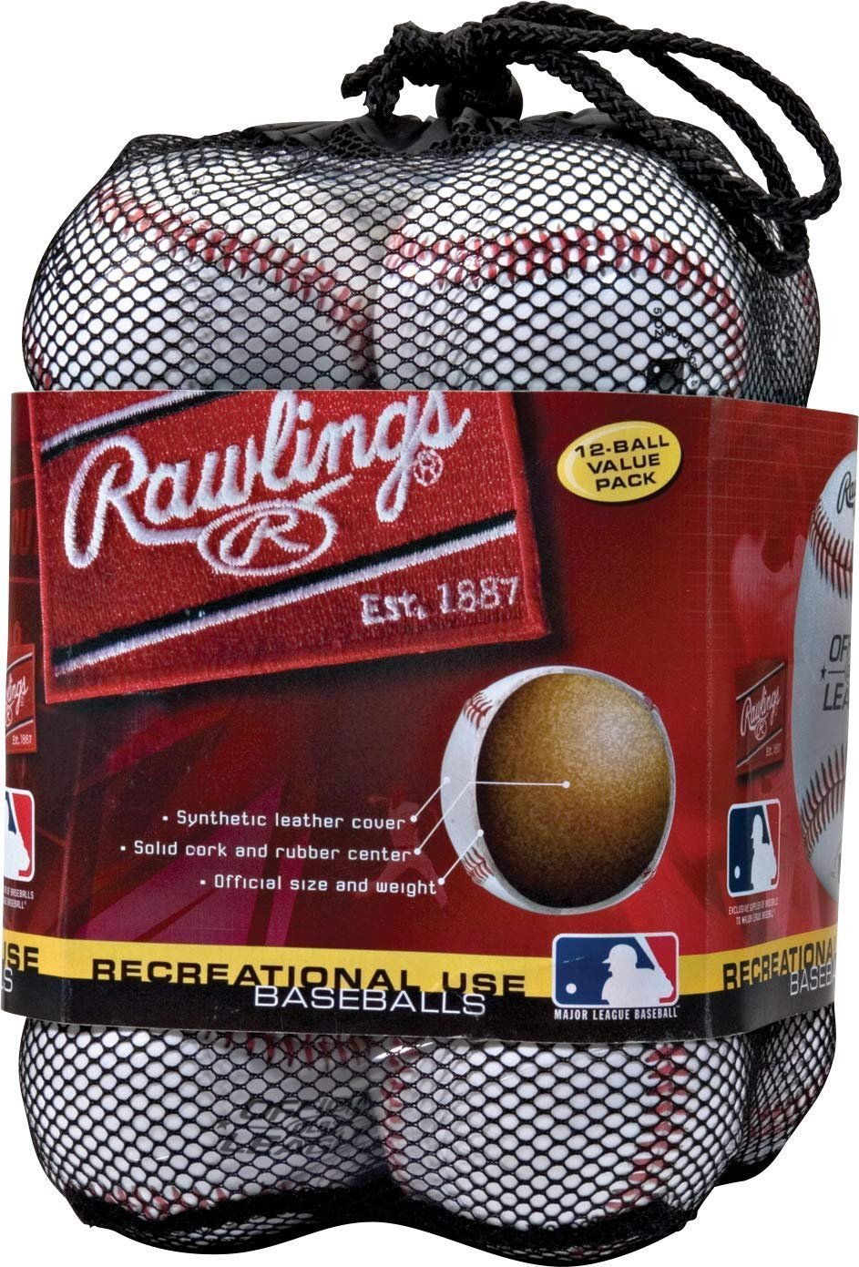 Rawlings 12-ball pack of baseballs in a mesh bag with product details