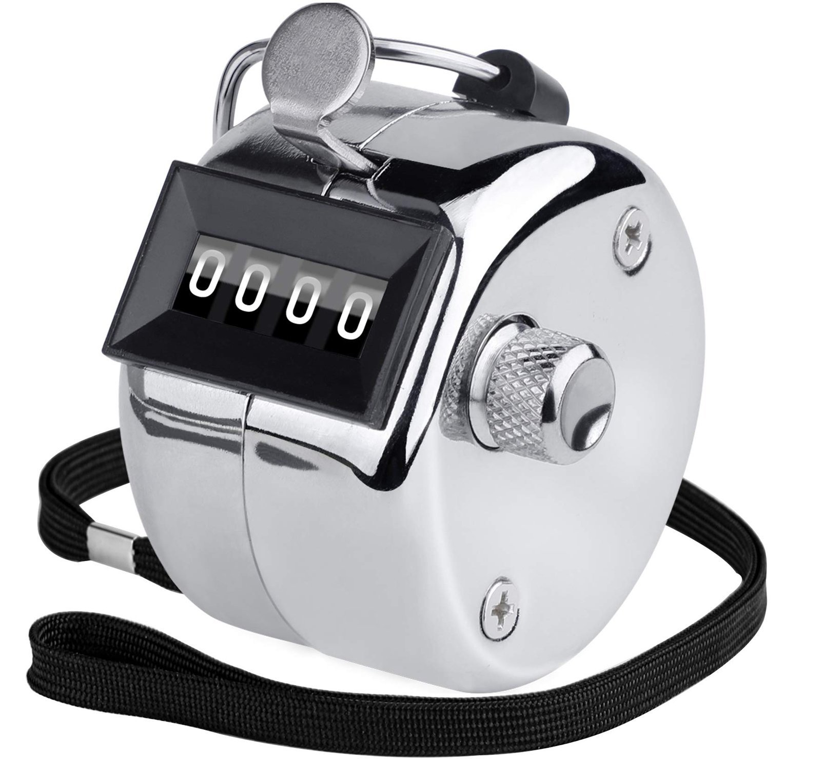 Shiny chrome hand tally counter with black strap and display showing "0000"