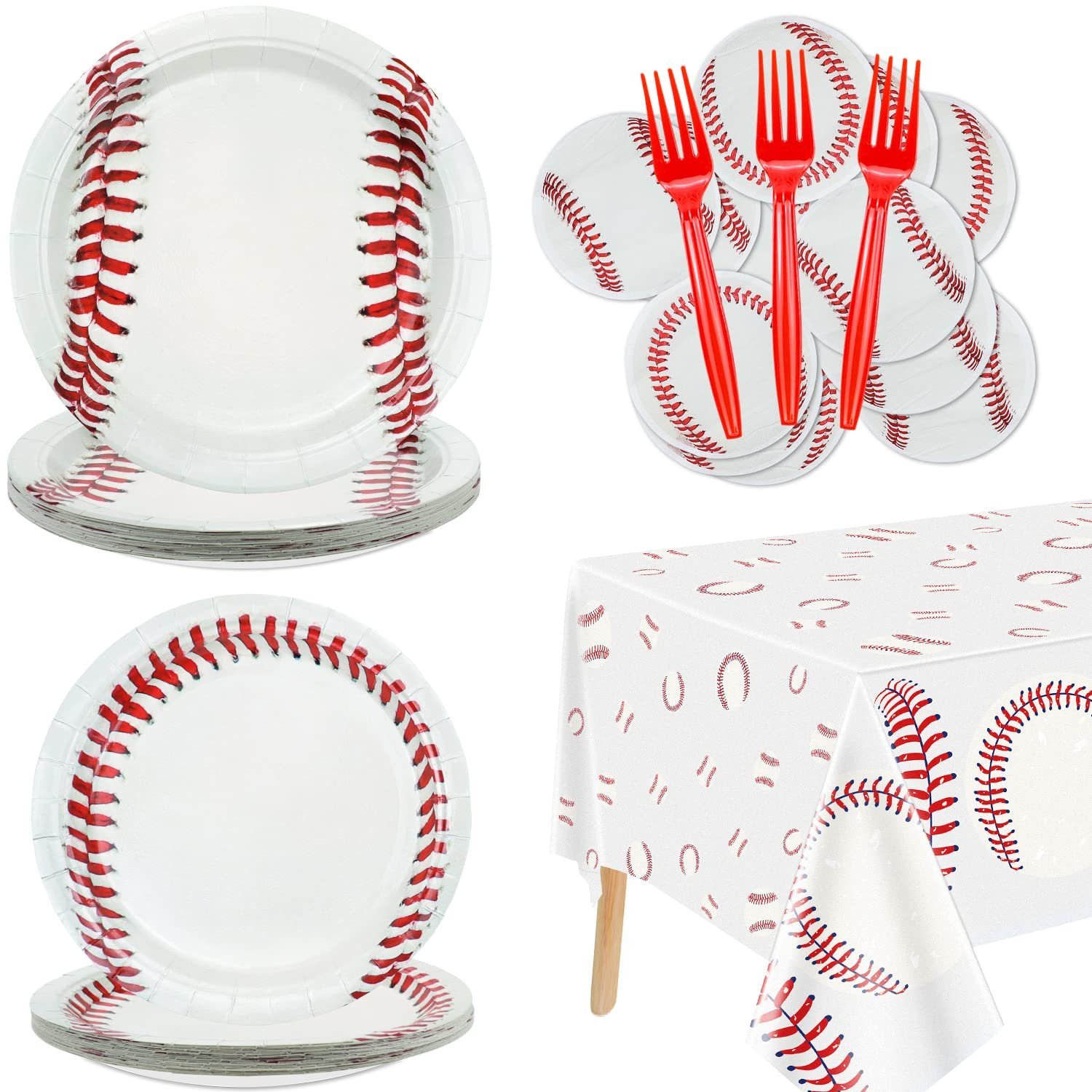 Baseball-themed party supplies: plates, forks, and tablecloth with baseball stitching