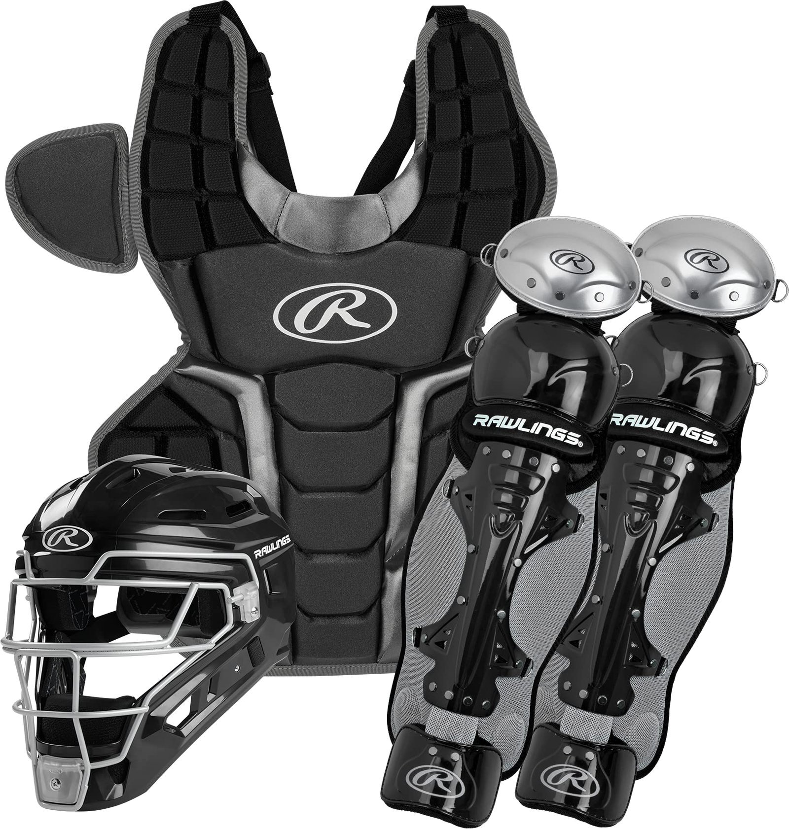 Rawlings baseball catcher's gear set: helmet, chest protector, and leg guards