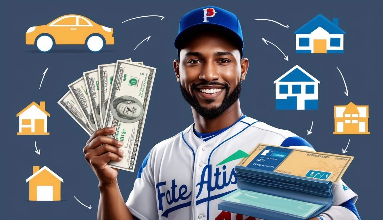 A baseball player holding a paycheck with a smile, surrounded by symbols of additional benefits like a car, house, and healthcare