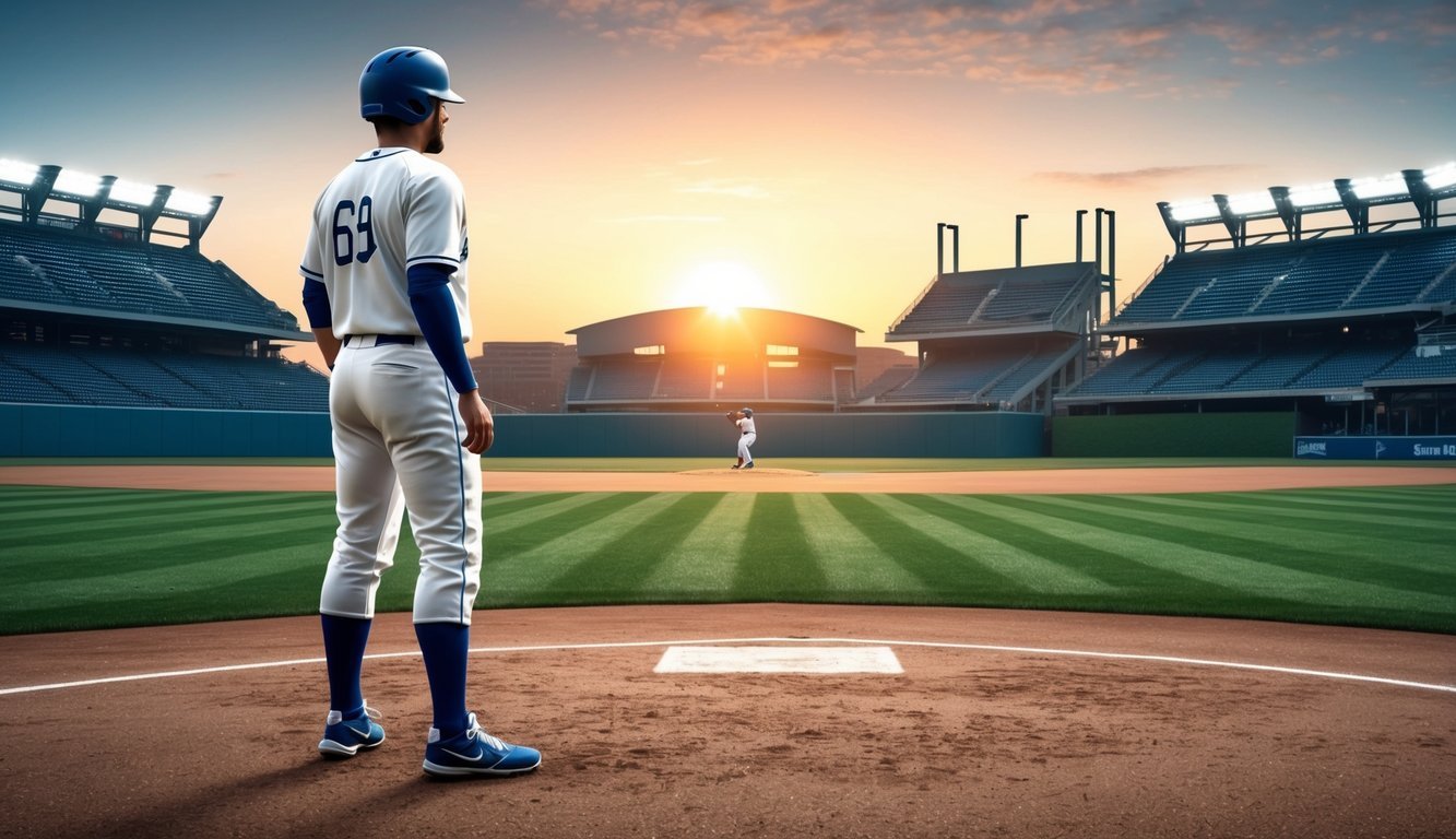 A baseball player stands on a freshly paved field, gazing out at a stadium in the distance.</p><p>The sun sets behind the grandstands, casting a warm glow over the scene