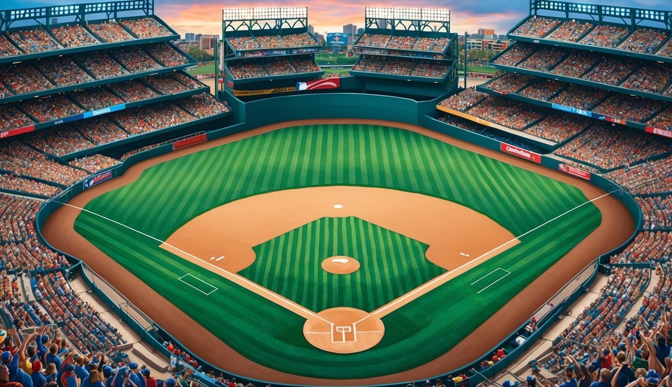 Aerial view of a baseball stadium with a full crowd and field