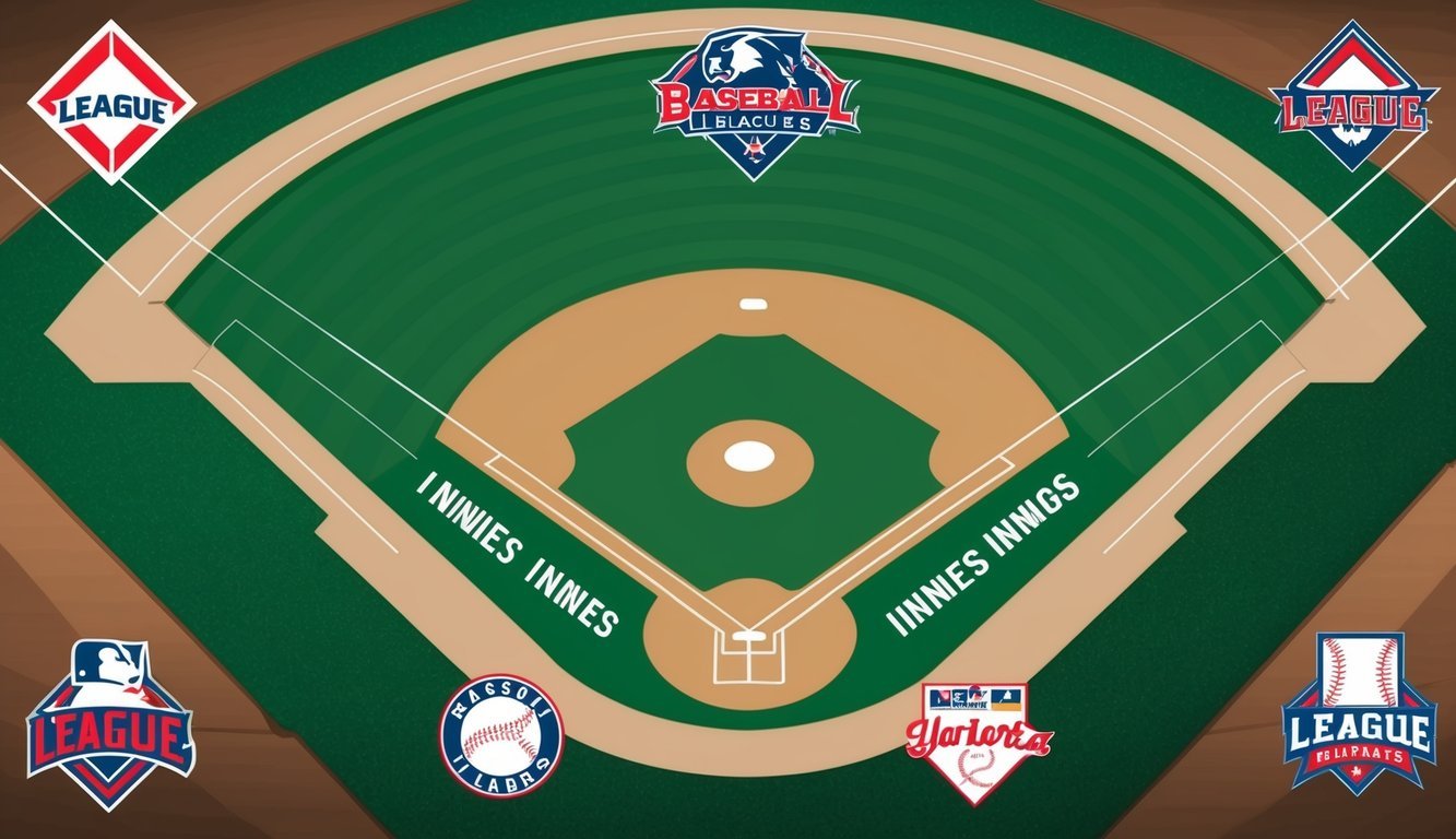 A baseball diamond with different league logos and varying numbers of innings