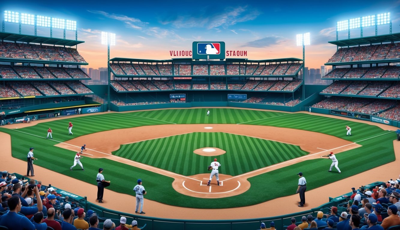 A baseball diamond with players and umpires, surrounded by fans in a stadium