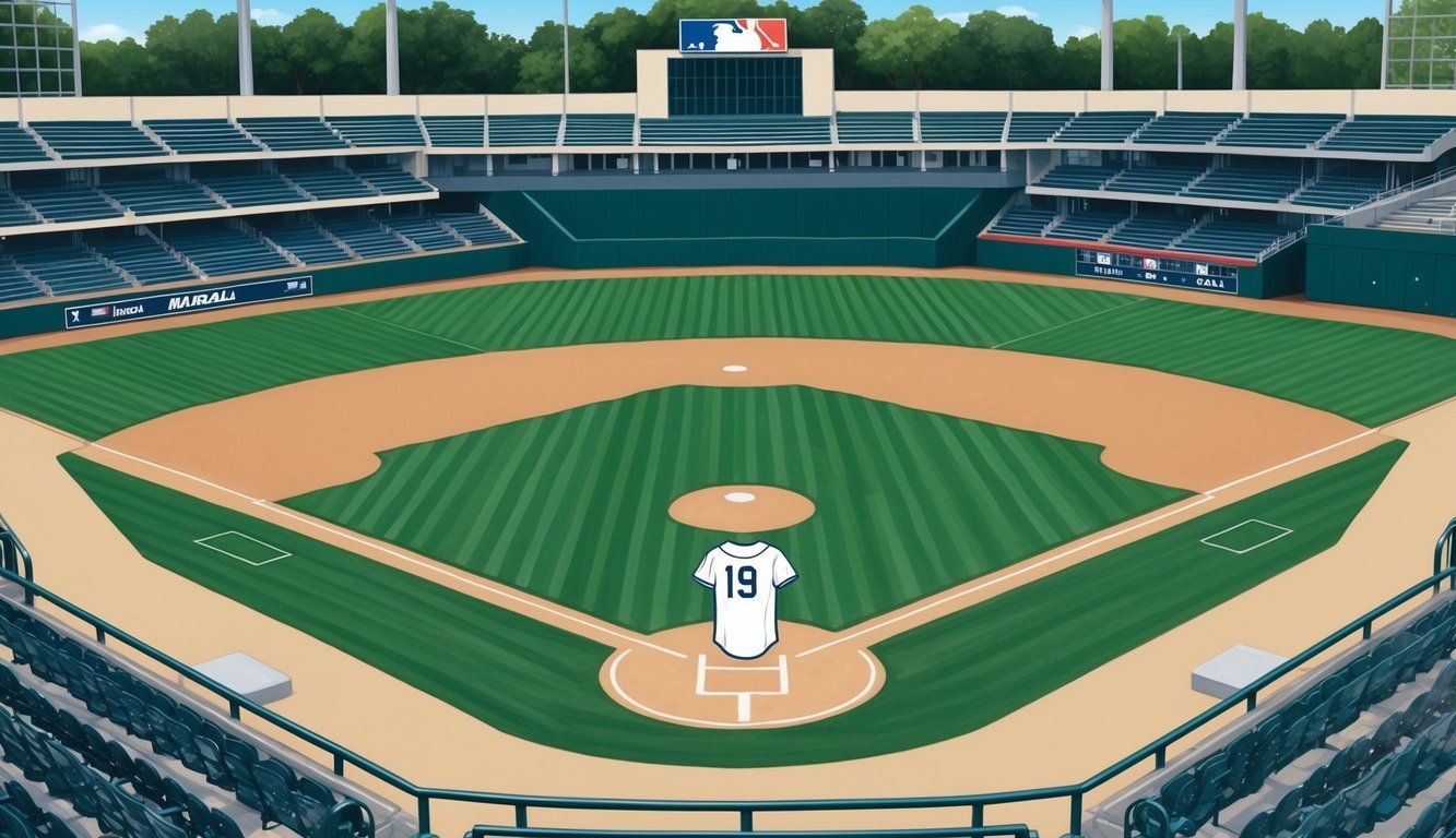 A baseball field with empty bleachers and a retired player's jersey hanging in the dugout