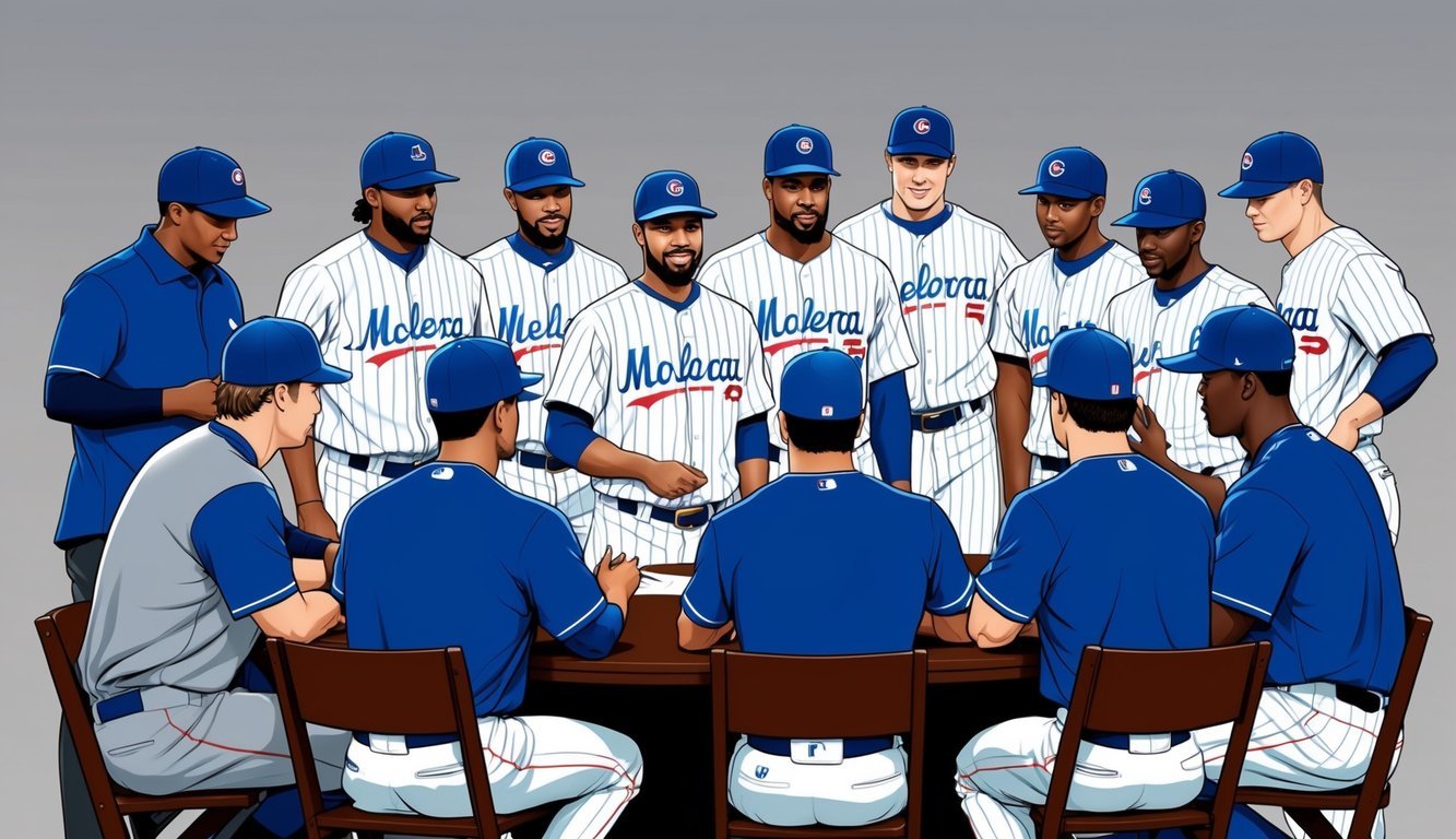 A group of baseball players gather around a table discussing pension benefits with MLBPA representatives