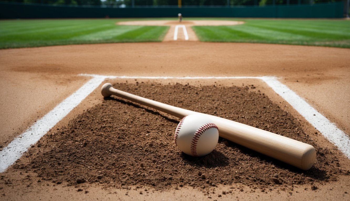 Baseball and bat on the home plate of a baseball field