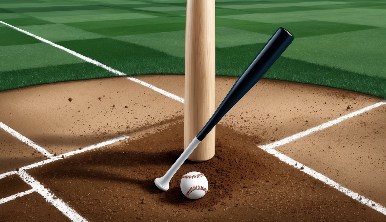 A baseball bat leaning against the Pitcher batters box with scattered dirt and chalk lines