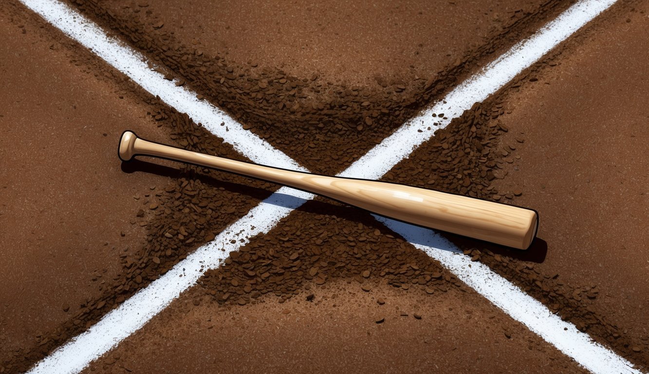 A baseball bat rests in the batter's box, surrounded by freshly raked dirt and lined with white chalk