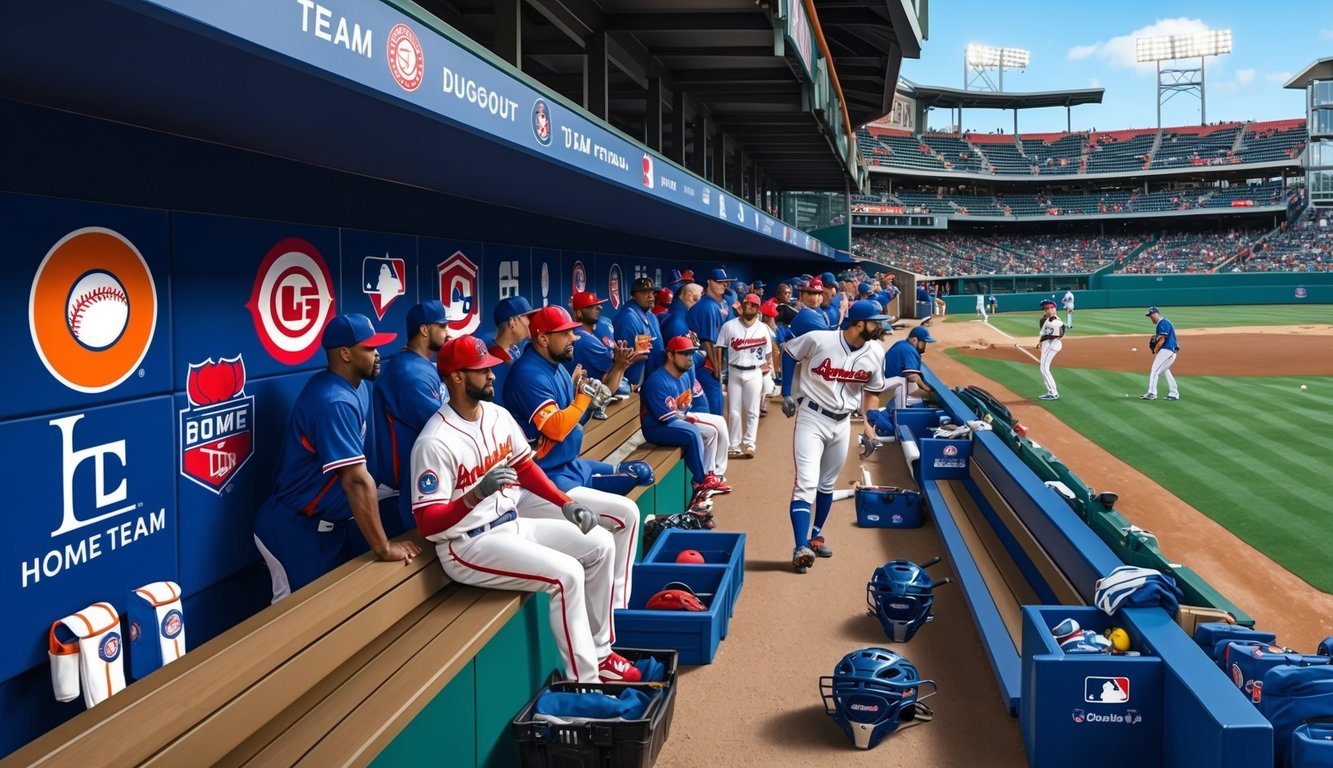 A crowded baseball dugout with team logos and equipment.</p><p>Home team's dugout on the left side, marked with their team colors and logo