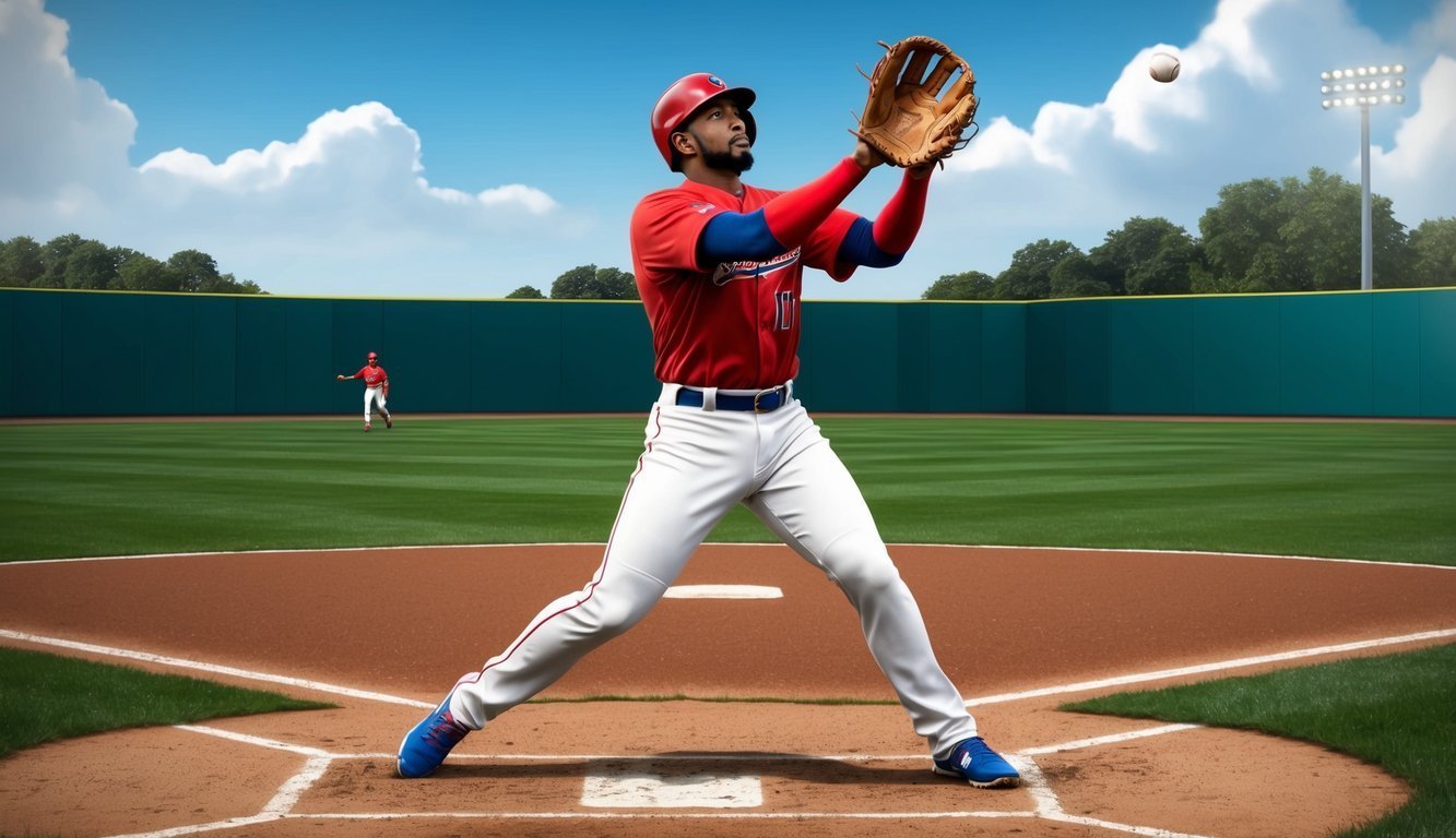 Baseball player in red uniform catching a ball on a baseball field