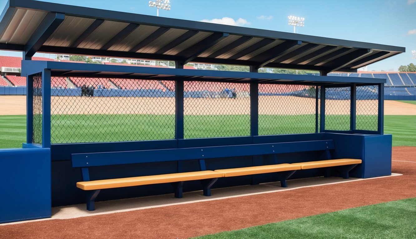 The home team dugout is positioned on the left side of the field, with a roof overhead and benches for players to sit on