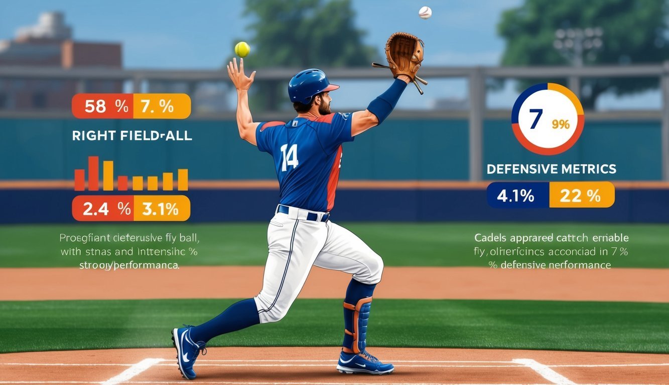 A right fielder catches a fly ball, while defensive metrics show their strong performance