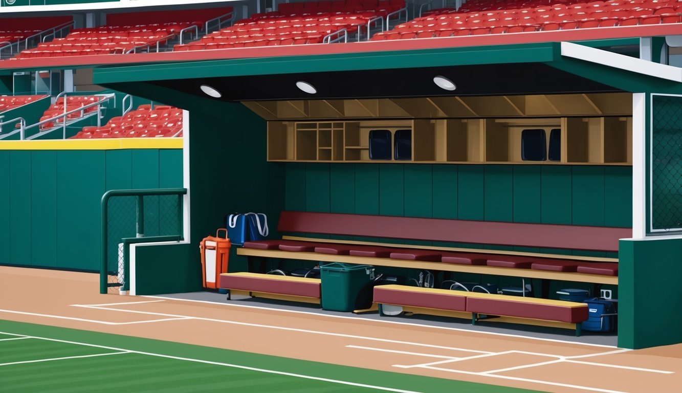 A dugout with equipment and seating, positioned strategically near the home team's field