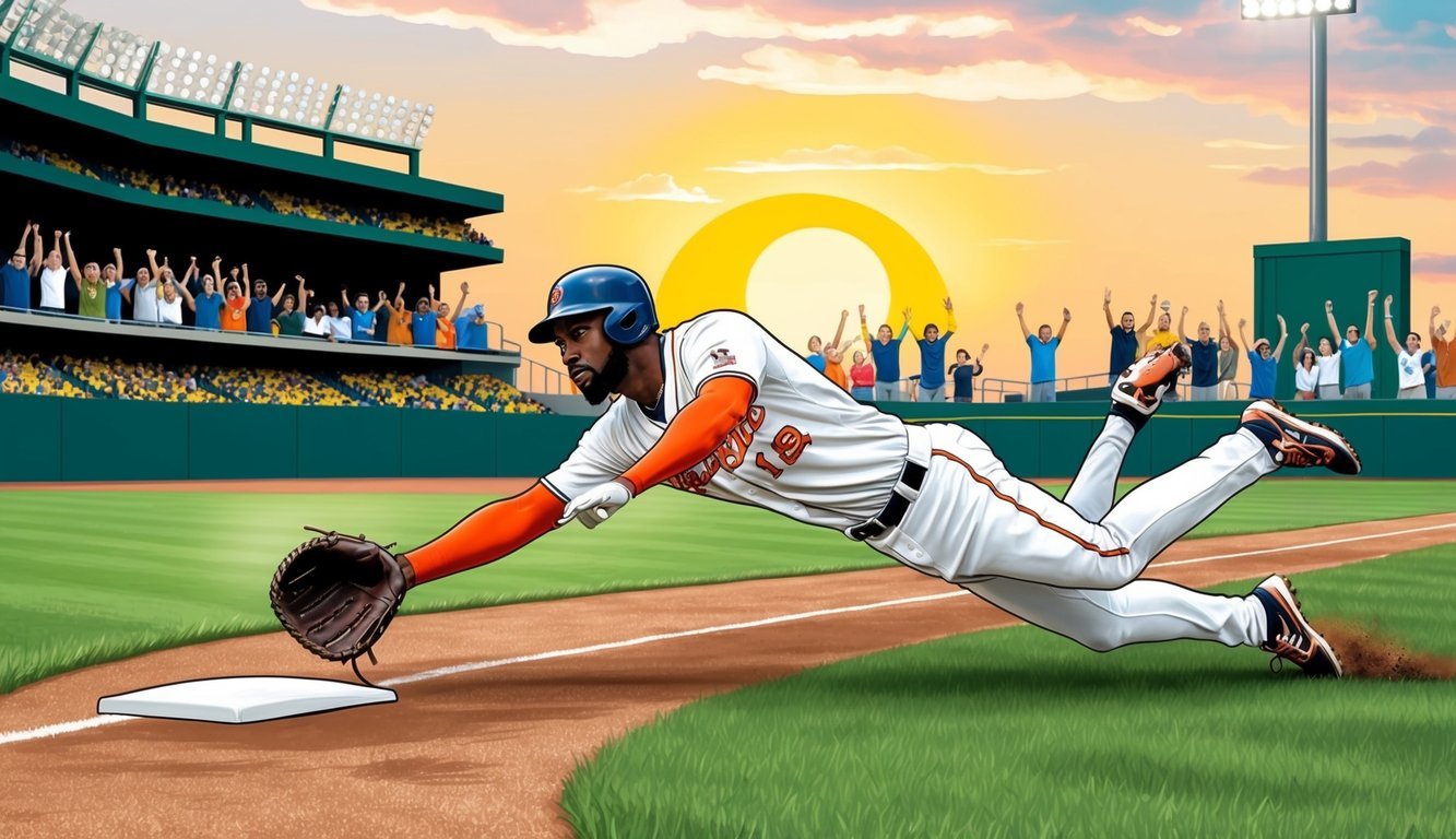 A right fielder making a diving catch at the edge of the outfield, with the sun setting behind them and fans cheering in the stands