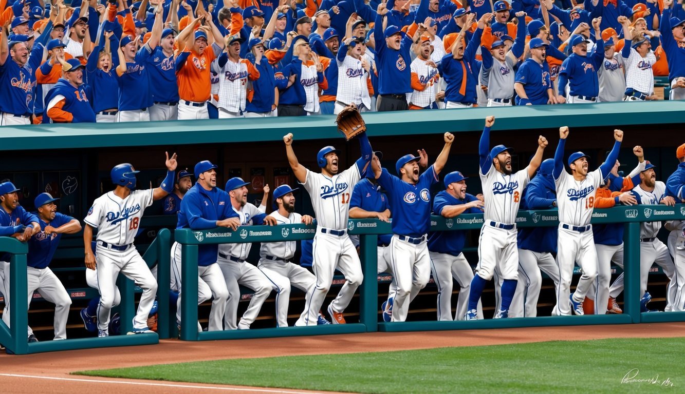 The home team's dugout is alive with excitement as players and coaches cheer on the team during a game, surrounded by fans in team colors