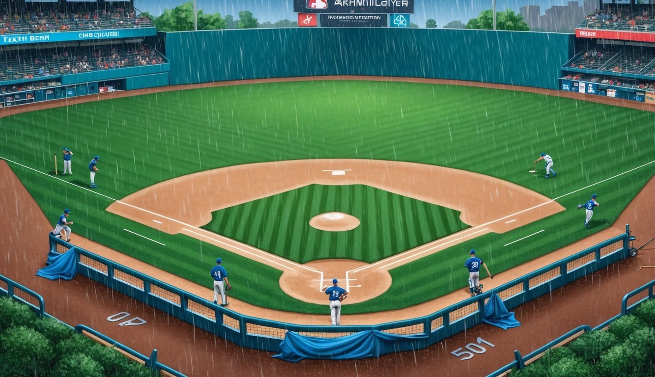 A baseball field with rain falling, players in dugouts, and grounds crew covering the infield with a tarp