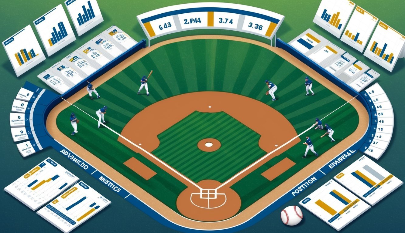 A baseball field with players in various positions, surrounded by charts and graphs displaying advanced metrics abbreviations