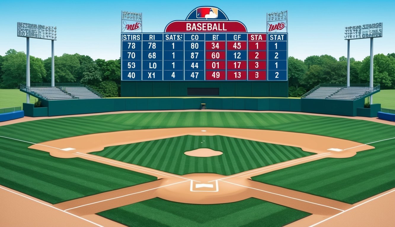 A baseball field with a scoreboard displaying various abbreviations for scoring and game outcome statistics