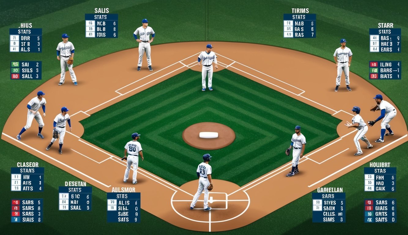 Players in various positions on a baseball field, with their corresponding stats displayed around them