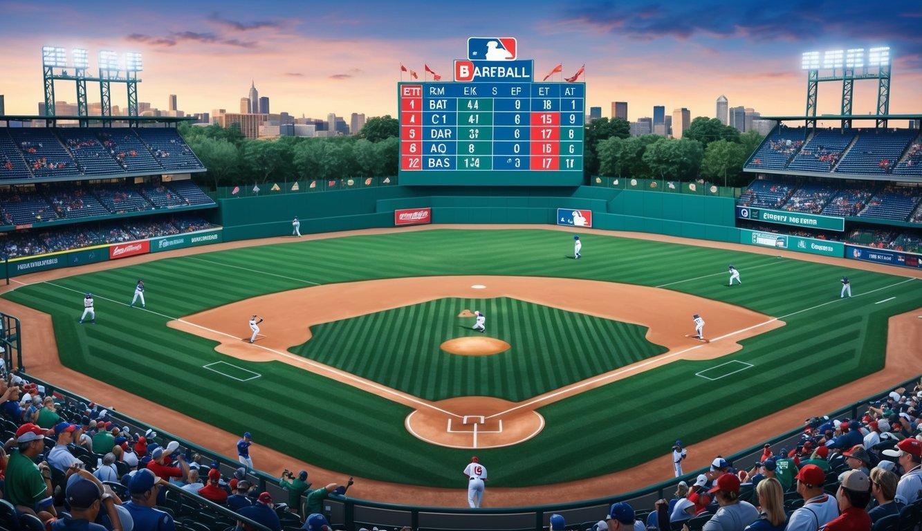 A baseball field with players in various positions, surrounded by fans in the stands, with a scoreboard displaying statistical abbreviations