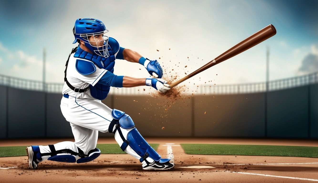Baseball player in blue and white uniform swinging a bat, dirt flying