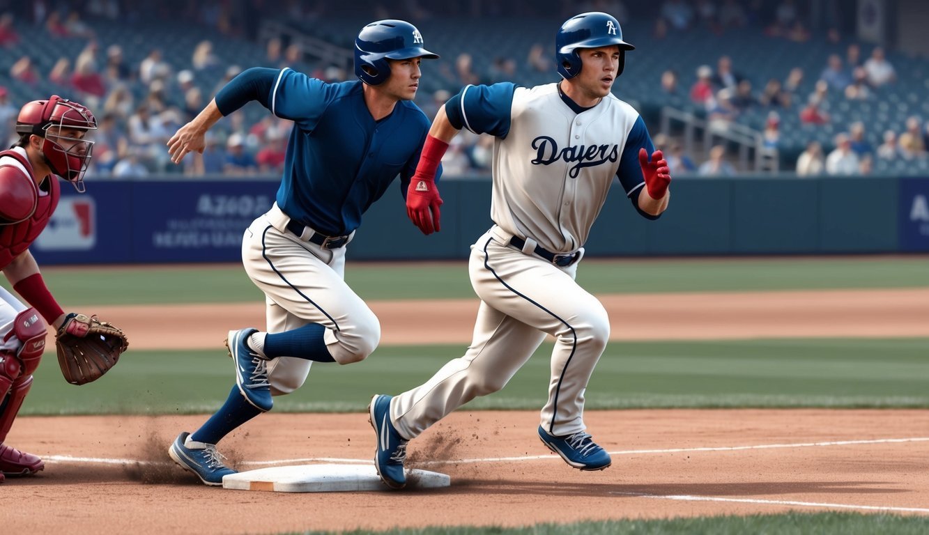 Baseball players running bases during a game, catcher in background