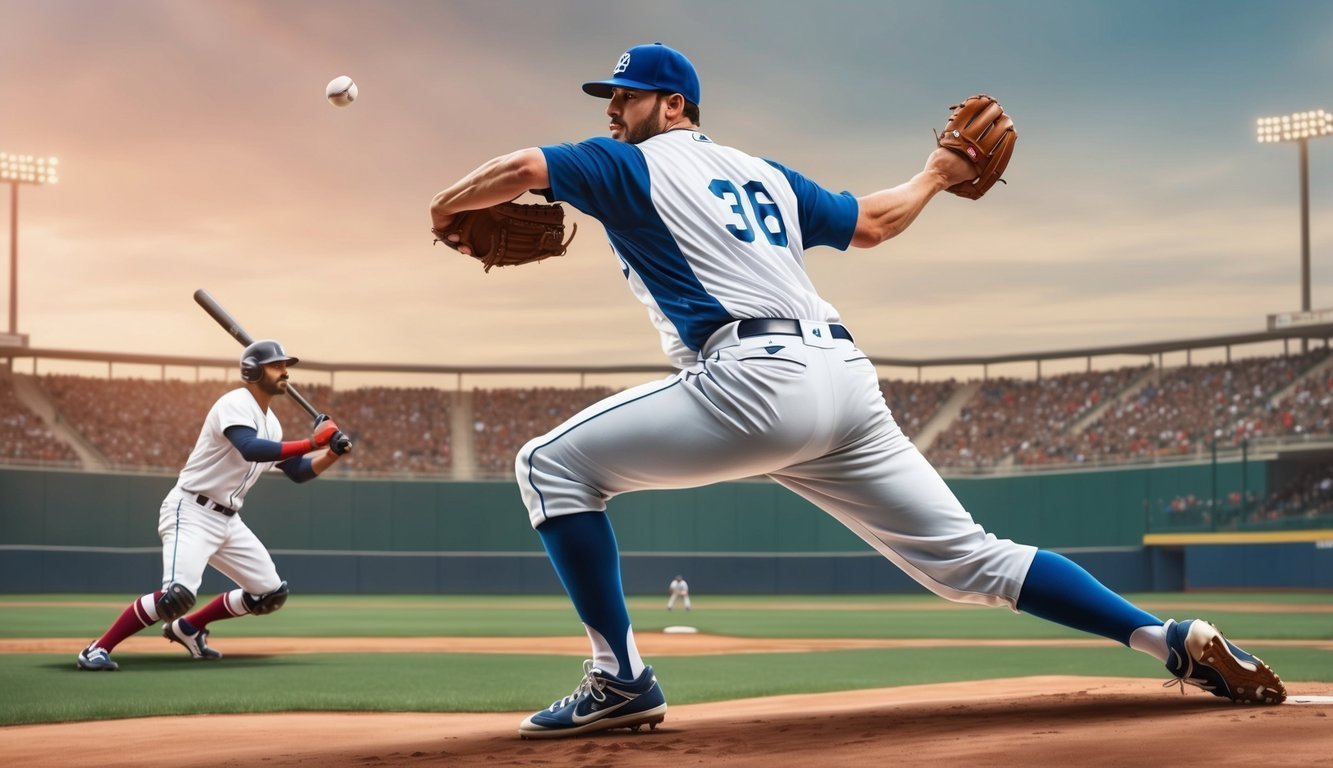 Baseball pitcher throwing a ball, batter ready to hit in a stadium