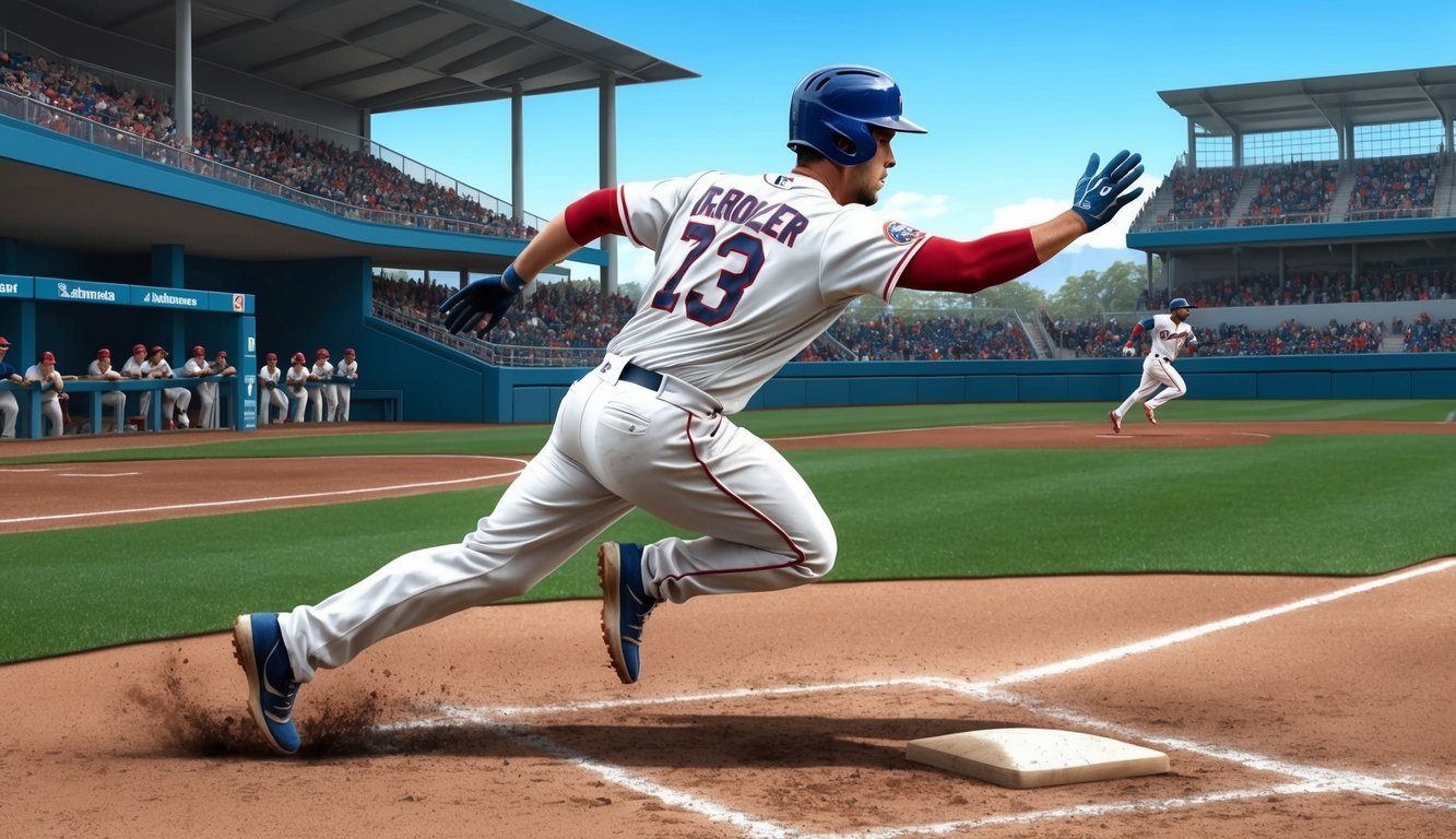 A baseball player sprinting from the dugout to replace a teammate on base