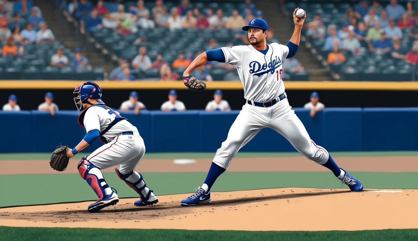 A pitcher winding up on the mound, with a determined expression, ready to throw the ball.</p><p>The batter waits in the batter's box, eyes fixed on the pitcher