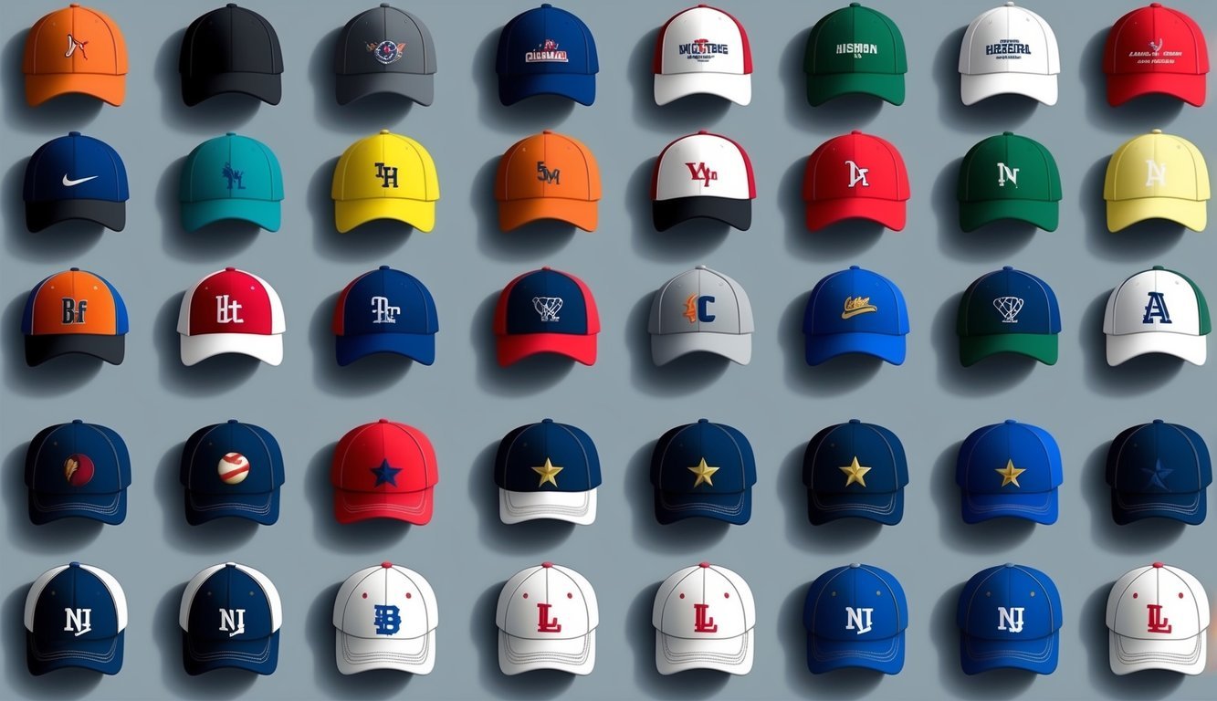 A collection of baseball caps arranged in a neat row, showcasing different styles, colors, and logos