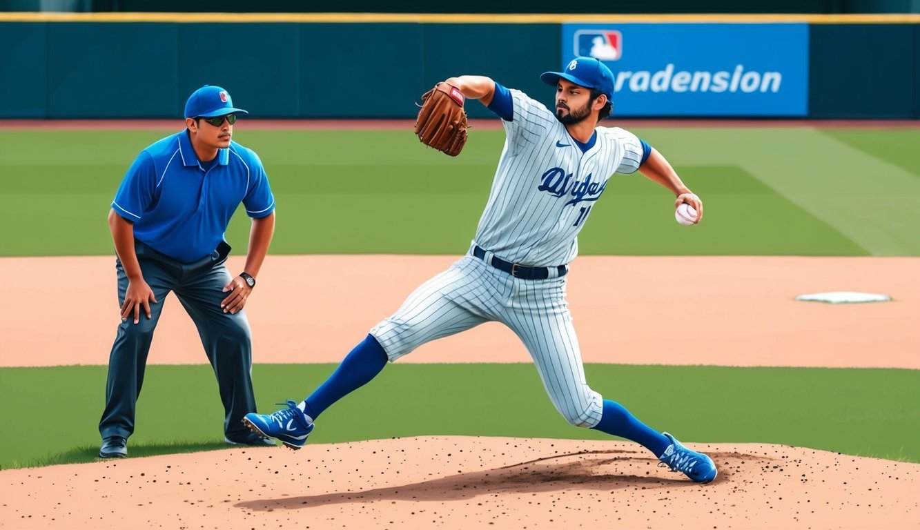 A baseball pitcher winding up to throw a fastball with a coach observing and giving feedback