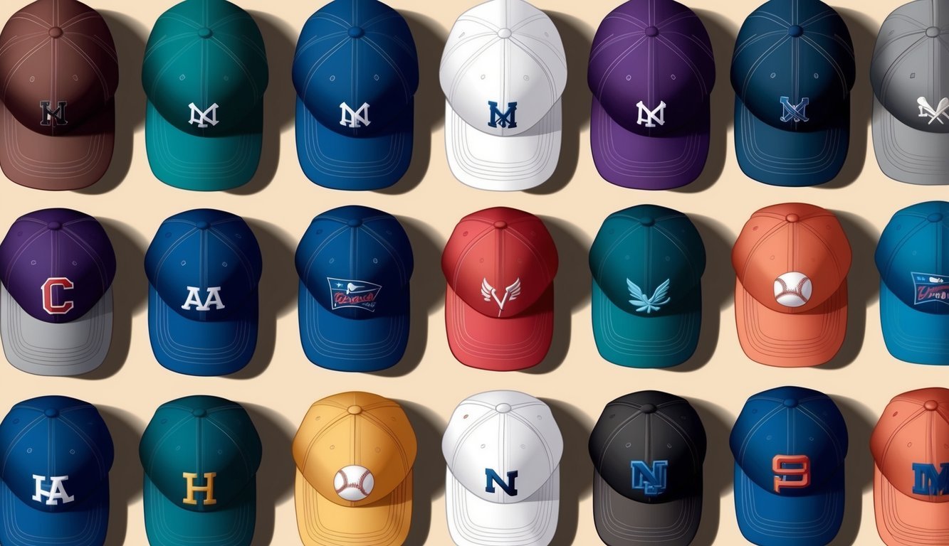 A collection of baseball hats arranged in a neat row, showcasing a variety of styles, colors, and designs