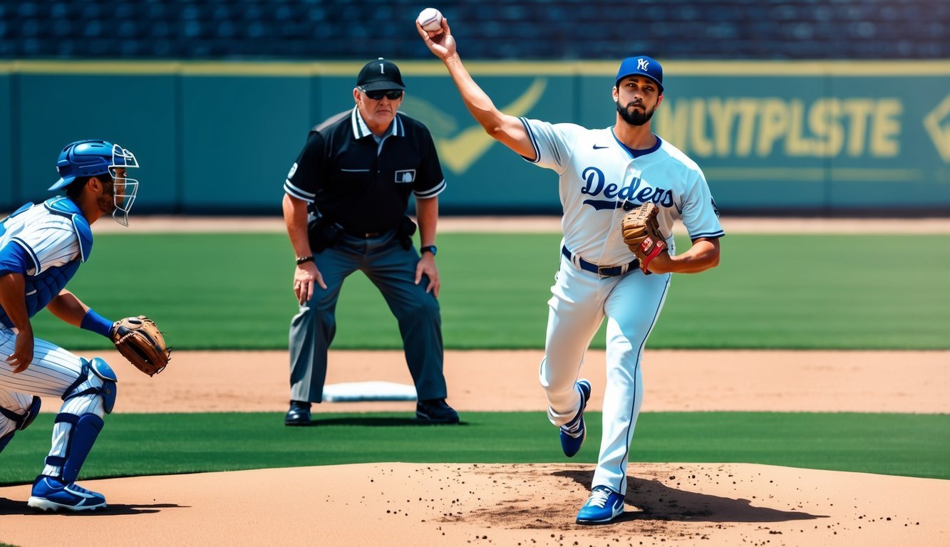 A pitcher stands on the mound, gripping a baseball, while a batter awaits at home plate.</p><p>The umpire watches closely as the pitcher winds up to throw