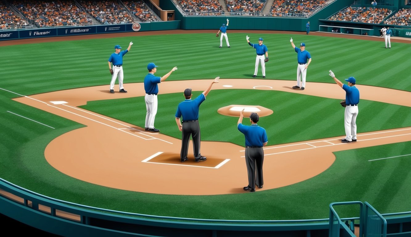 Baseball umpires on the field, signaling calls, with a stadium in the background