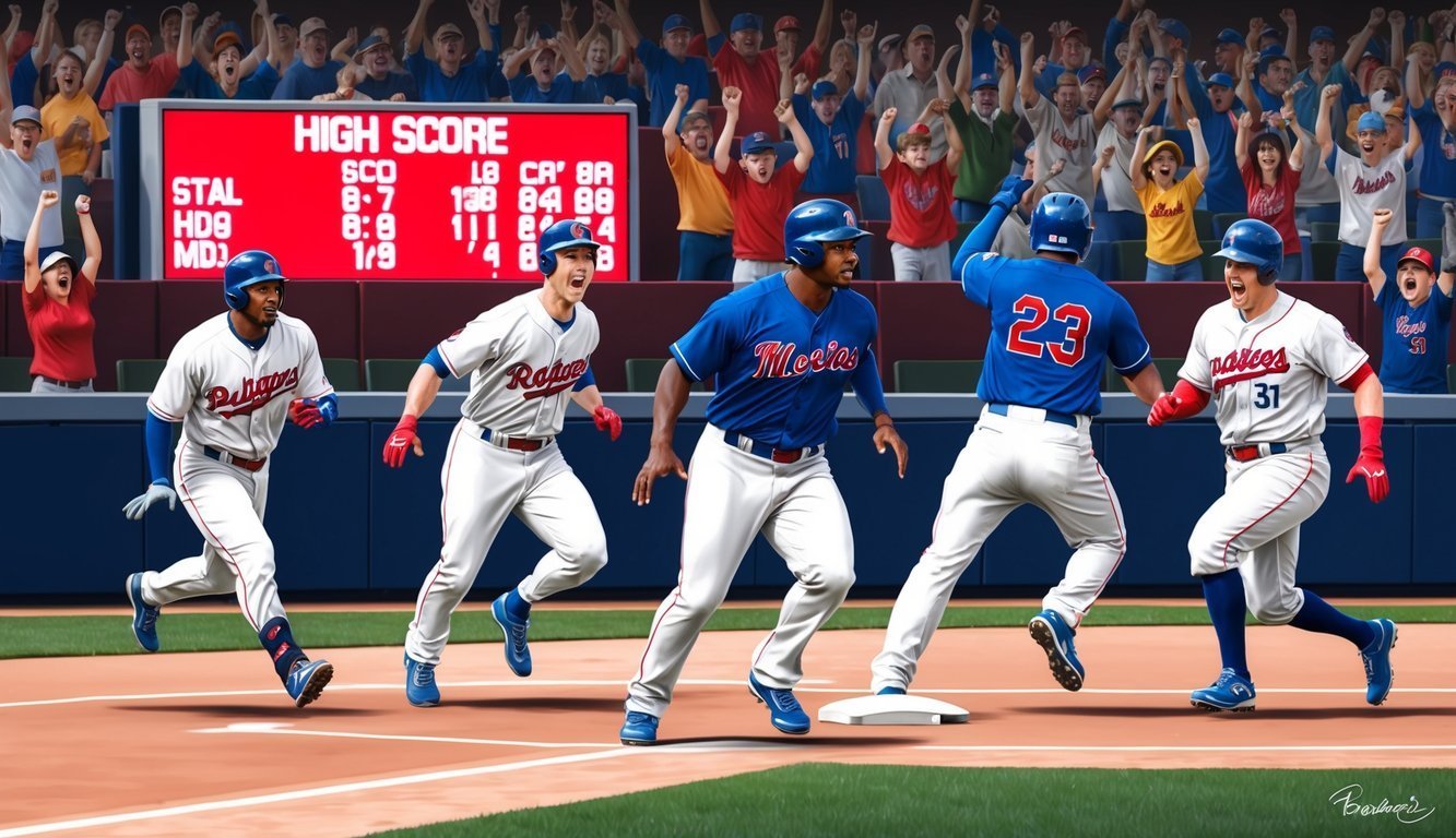 Baseball players running bases with a scoreboard and cheering crowd in the background