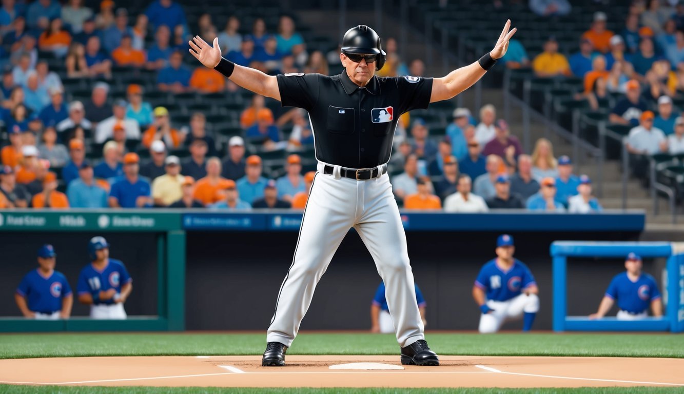 An MLB umpire standing behind home plate, signaling a strike with a decisive arm movement.</p><p>The crowd watches from the stands as the game unfolds