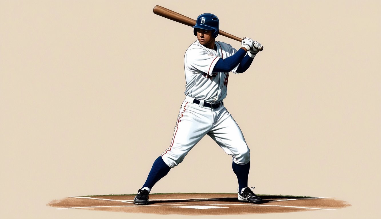 A baseball player adjusts their stance, feet shoulder-width apart, knees slightly bent, and bat held high, ready to swing