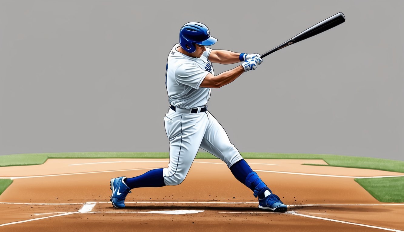 A baseball bat positioned mid-swing, with the batter's feet planted firmly and body coiled, ready to unleash a powerful hit