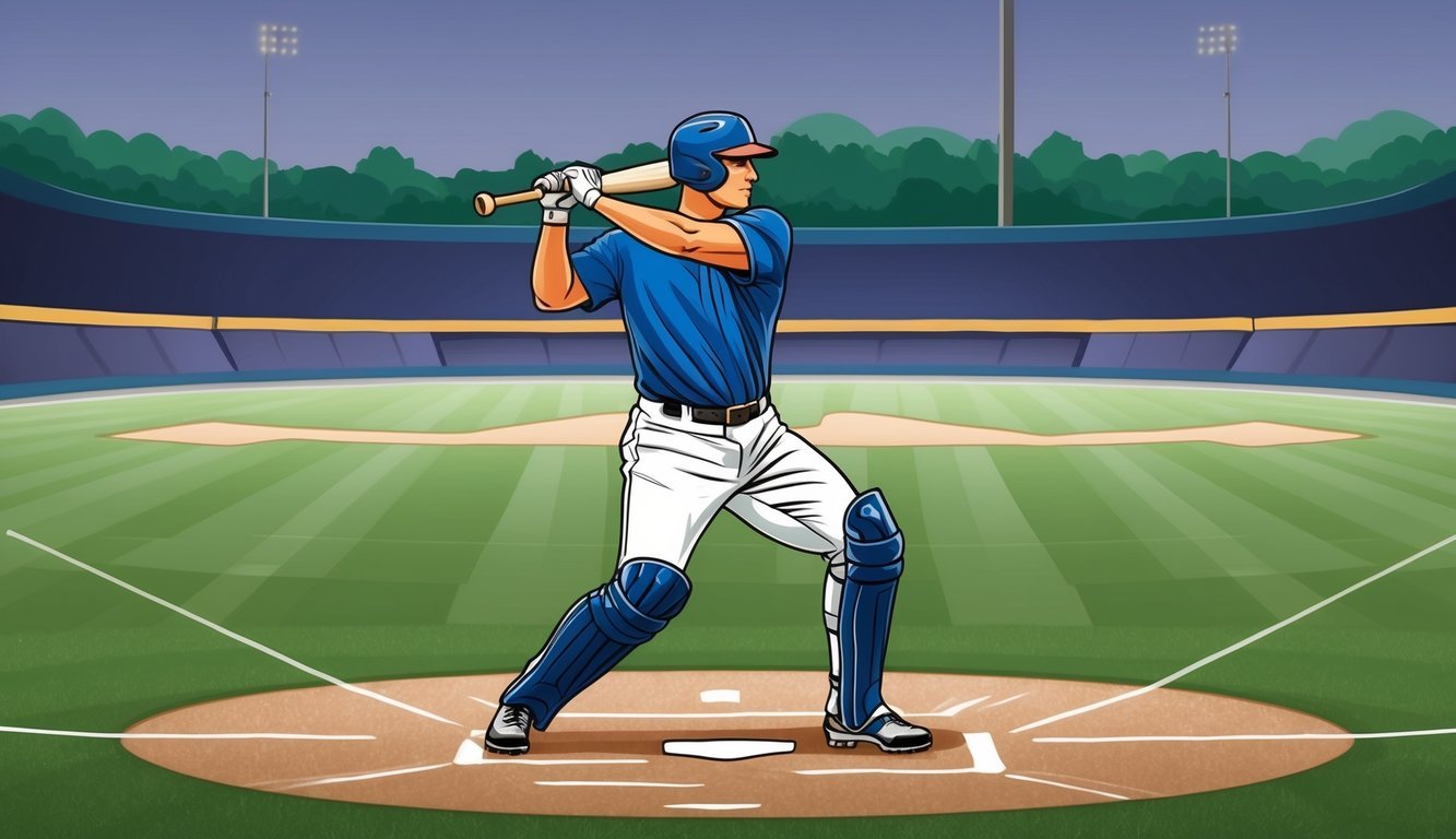 A beginner stands in a batting stance, feet shoulder-width apart, knees slightly bent, and bat held at a comfortable angle in front of them