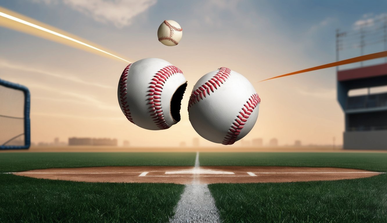 A baseball flying mid-air, splitting into two distinct paths as it approaches the batter