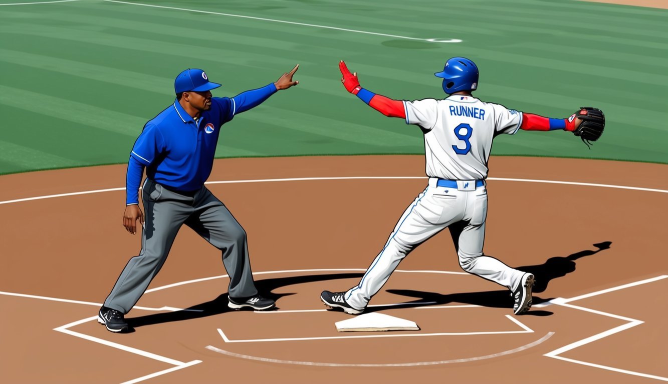 A third base coach signals a runner to advance with arm movements and gestures