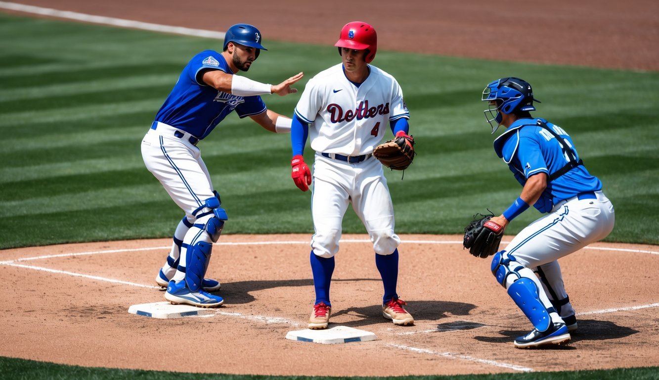 A baseball player standing on base as the fielder makes a quick play, deciding to throw to another base instead of attempting to get the batter out