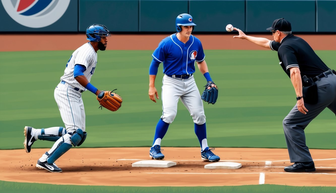 A baseball player stands on base as the fielder makes a quick decision, with the ball in hand, while the umpire watches closely